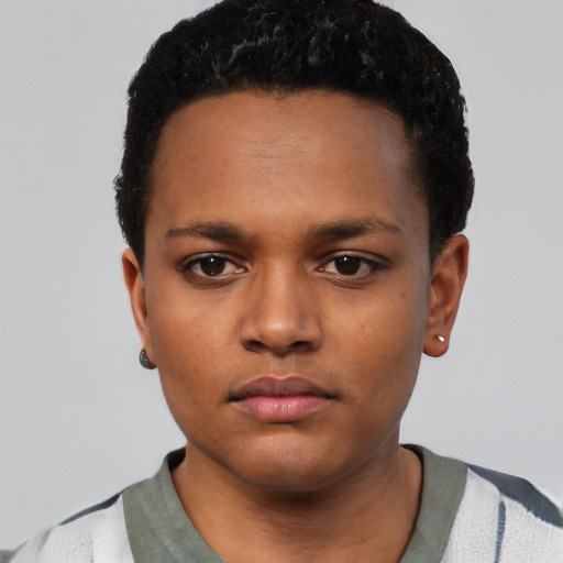 Neutral black young-adult male with short  black hair and brown eyes