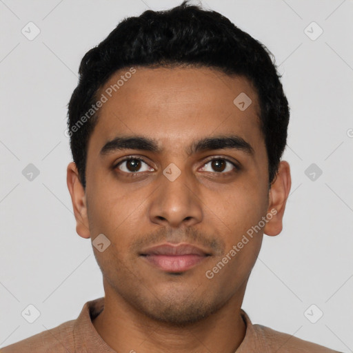 Neutral latino young-adult male with short  black hair and brown eyes