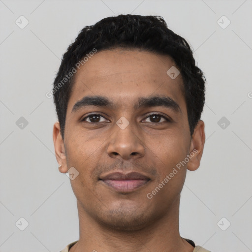 Neutral latino young-adult male with short  black hair and brown eyes