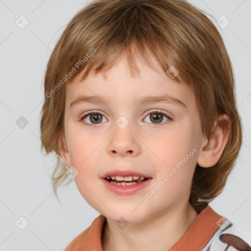 Joyful white child female with medium  brown hair and blue eyes