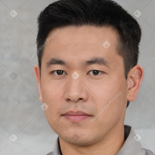 Neutral asian young-adult male with short  black hair and brown eyes