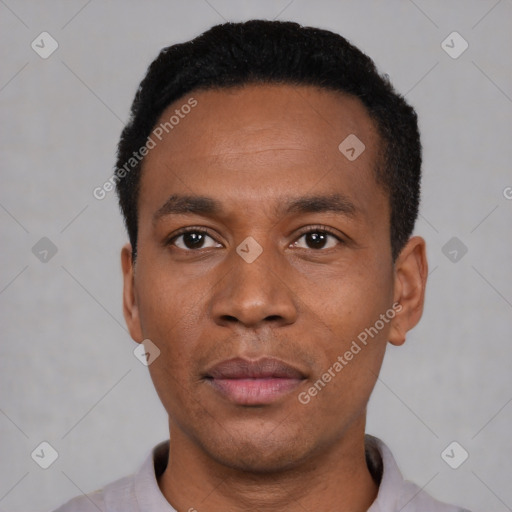 Neutral black young-adult male with short  black hair and brown eyes