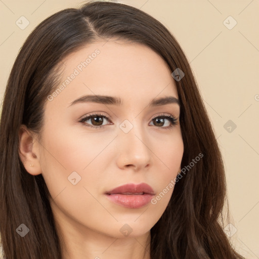 Neutral white young-adult female with long  brown hair and brown eyes