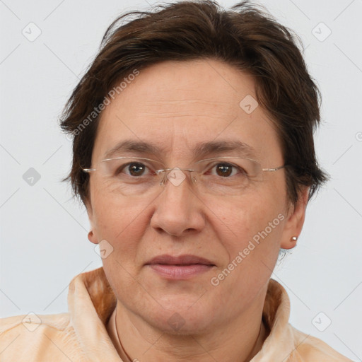 Joyful white adult female with short  brown hair and brown eyes