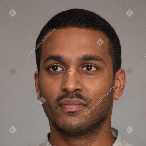 Neutral latino young-adult male with short  black hair and brown eyes