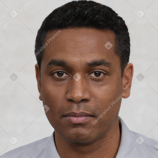 Neutral black young-adult male with short  black hair and brown eyes