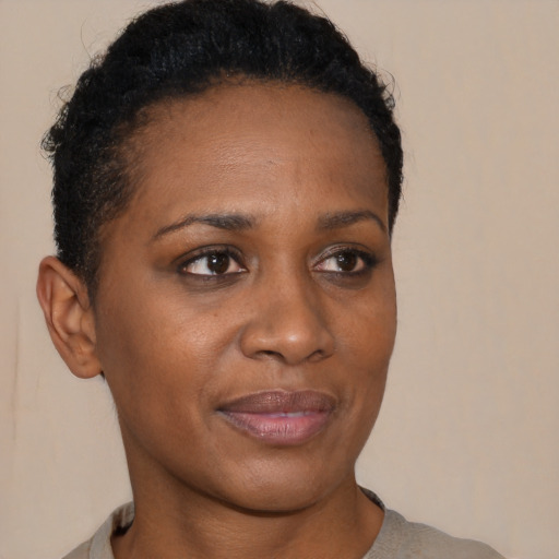 Neutral black young-adult female with short  brown hair and brown eyes