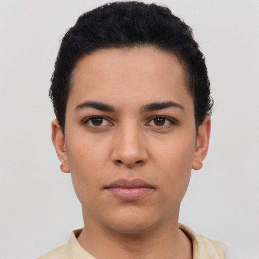 Neutral latino young-adult female with short  brown hair and brown eyes