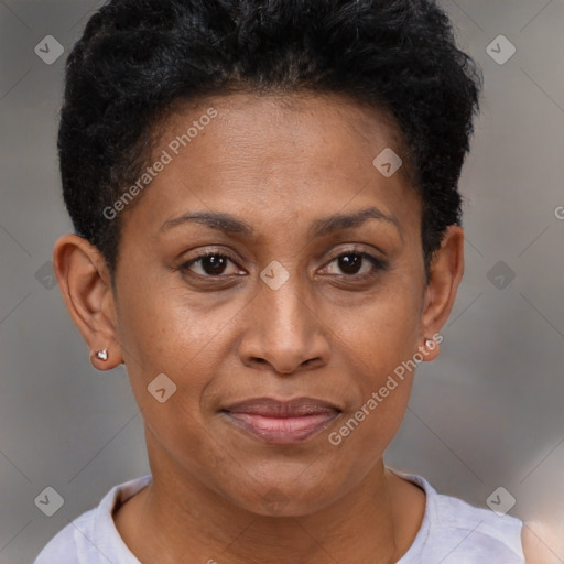 Joyful latino adult female with short  brown hair and brown eyes