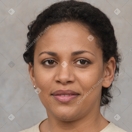 Joyful latino young-adult female with short  brown hair and brown eyes