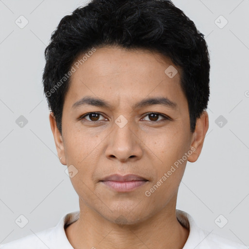 Neutral latino young-adult male with short  black hair and brown eyes