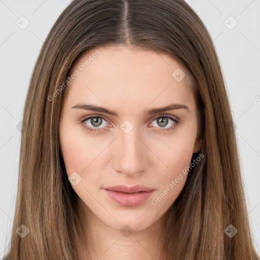 Neutral white young-adult female with long  brown hair and brown eyes