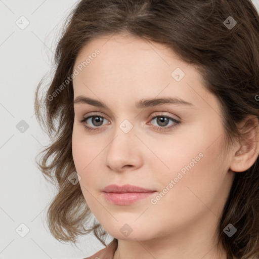 Neutral white young-adult female with medium  brown hair and brown eyes