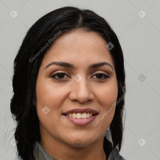 Joyful latino young-adult female with long  brown hair and brown eyes