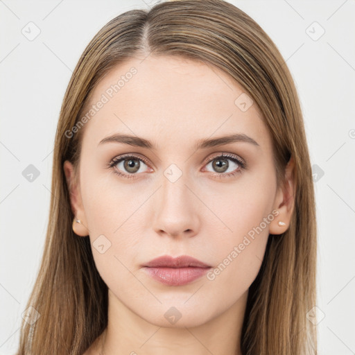 Neutral white young-adult female with long  brown hair and brown eyes