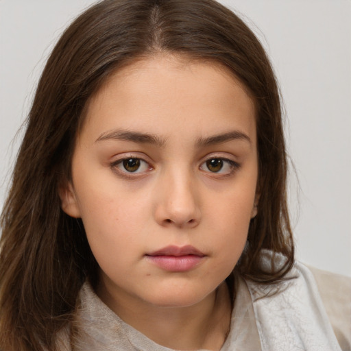 Neutral white child female with long  brown hair and brown eyes