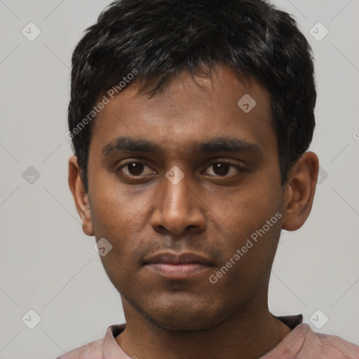 Neutral white young-adult male with short  black hair and brown eyes