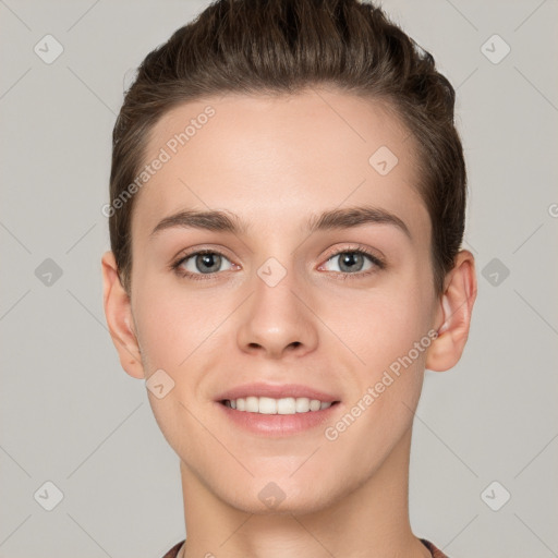 Joyful white young-adult female with short  brown hair and grey eyes