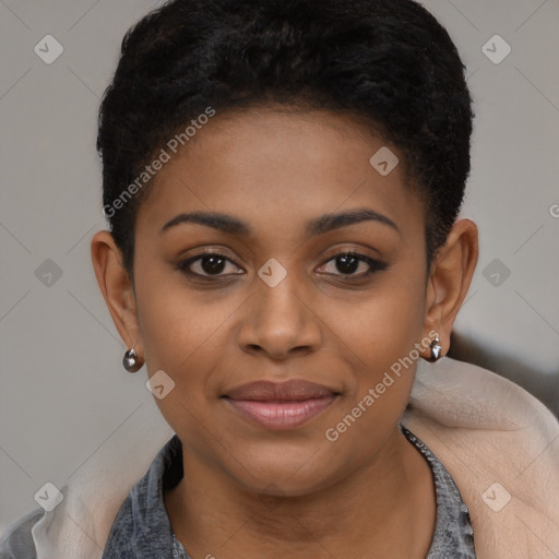 Joyful black young-adult female with short  black hair and brown eyes