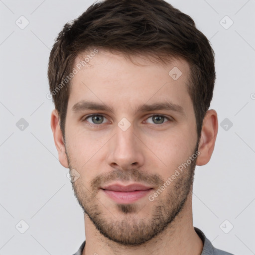 Neutral white young-adult male with short  brown hair and grey eyes