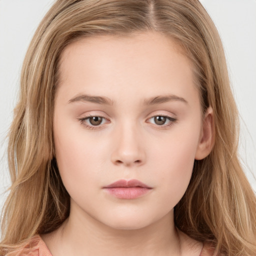 Neutral white child female with long  brown hair and brown eyes