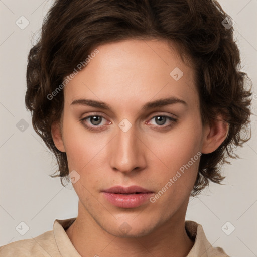 Neutral white young-adult female with short  brown hair and brown eyes