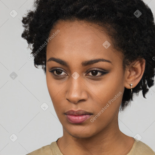 Neutral black young-adult female with short  black hair and brown eyes