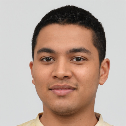 Neutral latino young-adult male with short  black hair and brown eyes