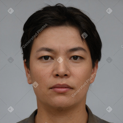 Neutral asian young-adult female with short  brown hair and brown eyes