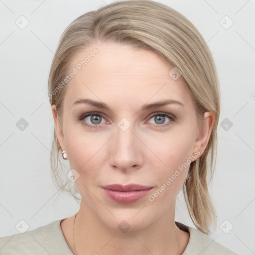 Neutral white young-adult female with medium  brown hair and blue eyes