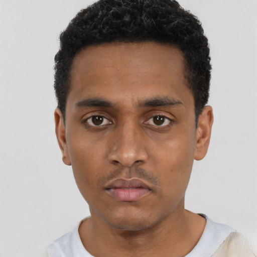 Neutral black young-adult male with short  black hair and brown eyes