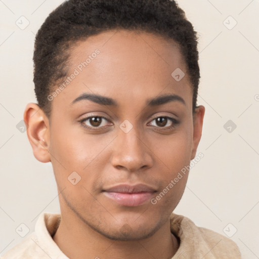 Joyful latino young-adult female with short  brown hair and brown eyes