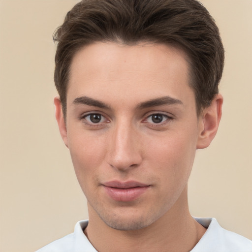 Neutral white young-adult male with short  brown hair and brown eyes