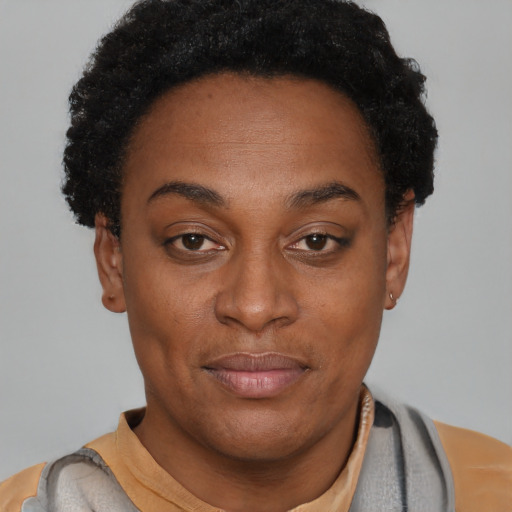 Joyful black young-adult female with short  brown hair and brown eyes