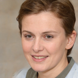 Joyful white adult female with medium  brown hair and brown eyes