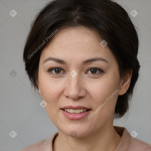 Joyful white young-adult female with medium  brown hair and brown eyes