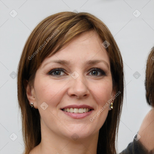 Joyful white young-adult female with medium  brown hair and grey eyes