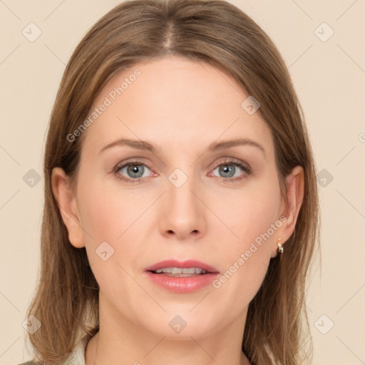 Joyful white young-adult female with long  brown hair and grey eyes