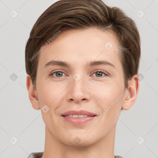 Joyful white young-adult female with short  brown hair and grey eyes