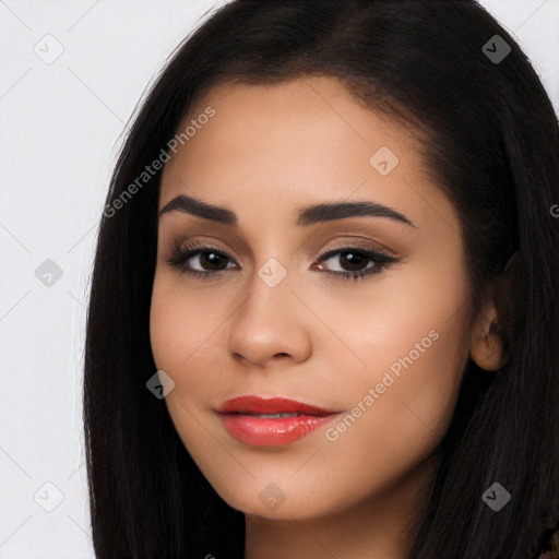 Joyful latino young-adult female with long  brown hair and brown eyes