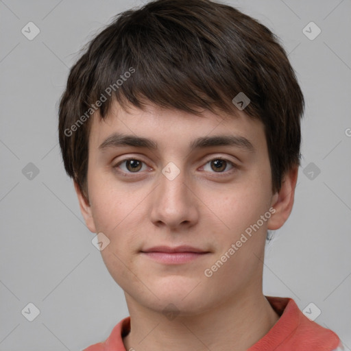 Neutral white young-adult male with short  brown hair and brown eyes