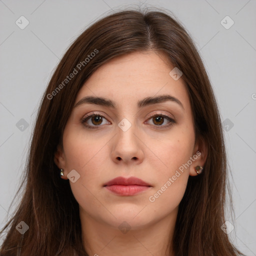 Neutral white young-adult female with long  brown hair and brown eyes