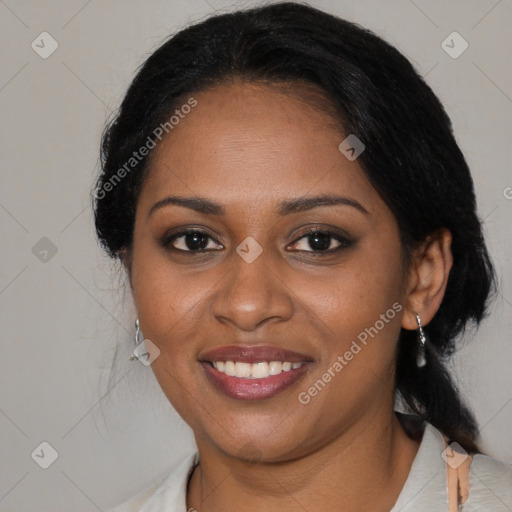 Joyful black young-adult female with medium  black hair and brown eyes