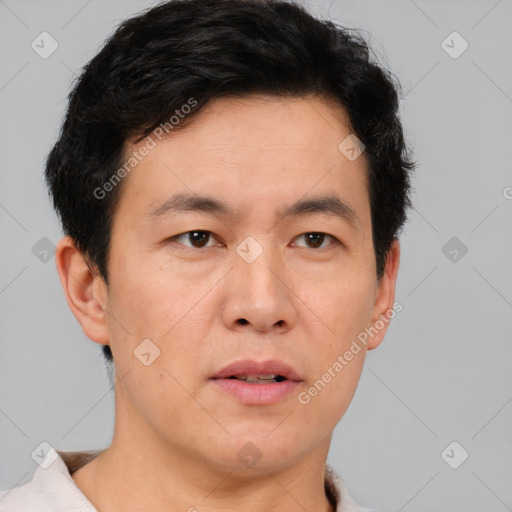 Neutral asian adult male with short  brown hair and brown eyes