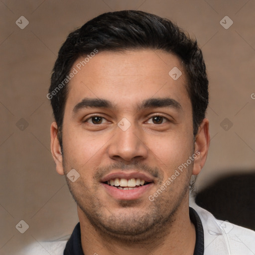 Joyful white young-adult male with short  black hair and brown eyes