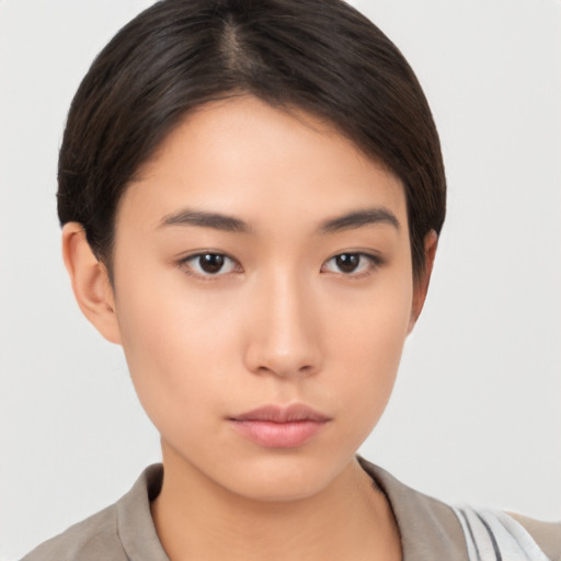 Neutral asian young-adult female with short  brown hair and brown eyes