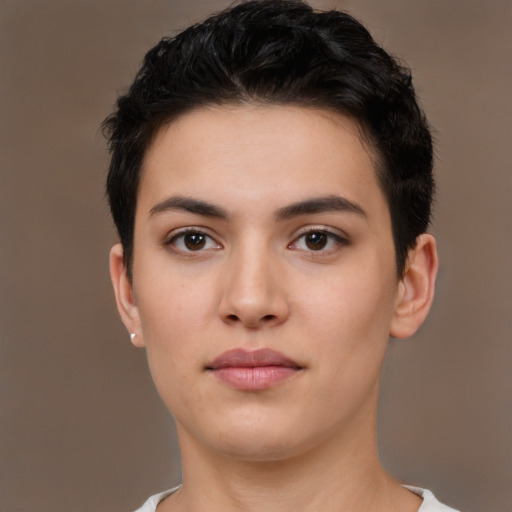 Neutral white young-adult female with short  brown hair and brown eyes
