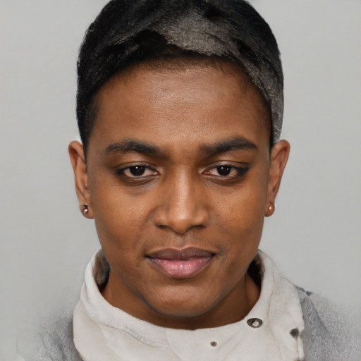 Neutral black young-adult male with short  black hair and brown eyes