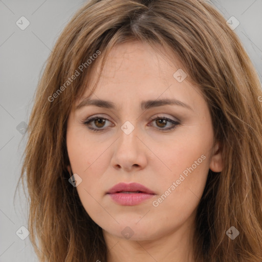 Neutral white young-adult female with long  brown hair and brown eyes