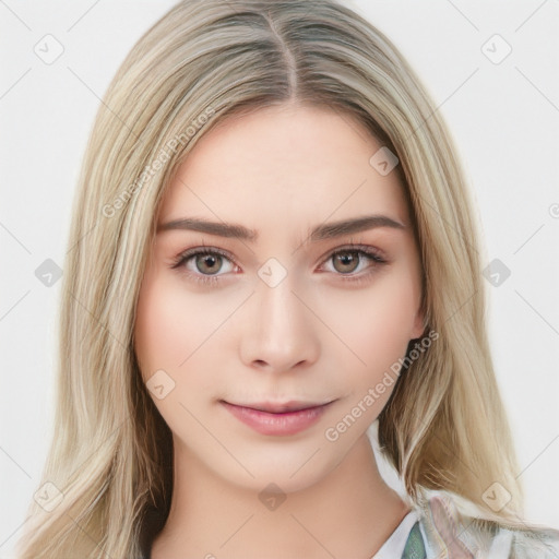 Neutral white young-adult female with long  brown hair and brown eyes